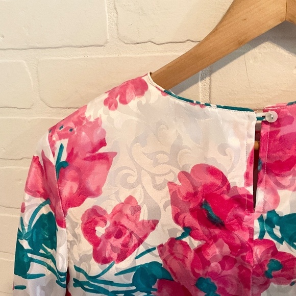 Vintage 80s Blouse Satin Iridescent Floral Paisley Flowy Pink Green White S - Picture 9 of 10